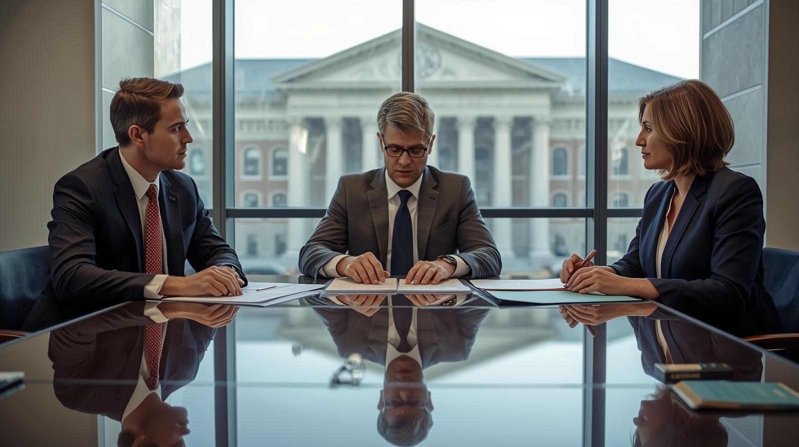Executor meeting with beneficiaries and attorney to review probate documents and fiduciary responsibilities under New Jersey Surrogate’s Court probate process.