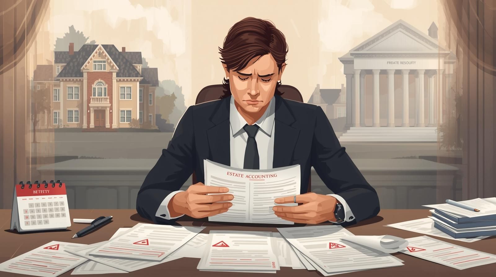 Concerned beneficiary reviewing estate accounting documents showing red flags of executor breach of fiduciary duty during the New Jersey probate process.