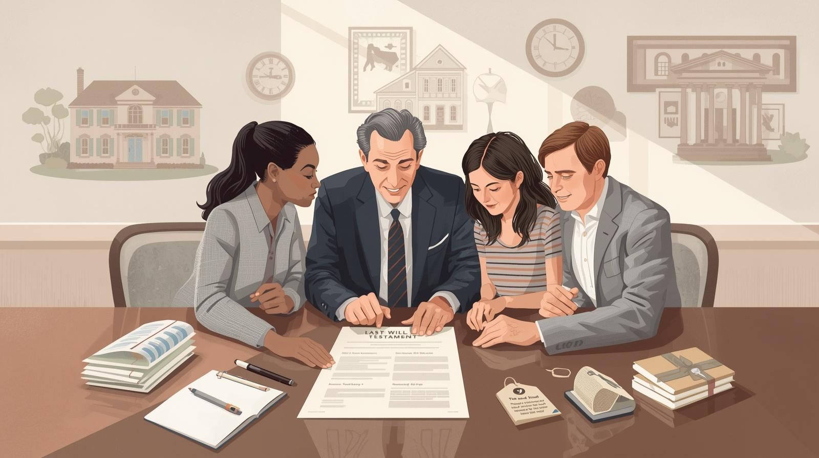 Family reviewing a last will and testament with an advisor explaining beneficiary rights in NJ probate and inheritance distribution including real estate and estate assets.