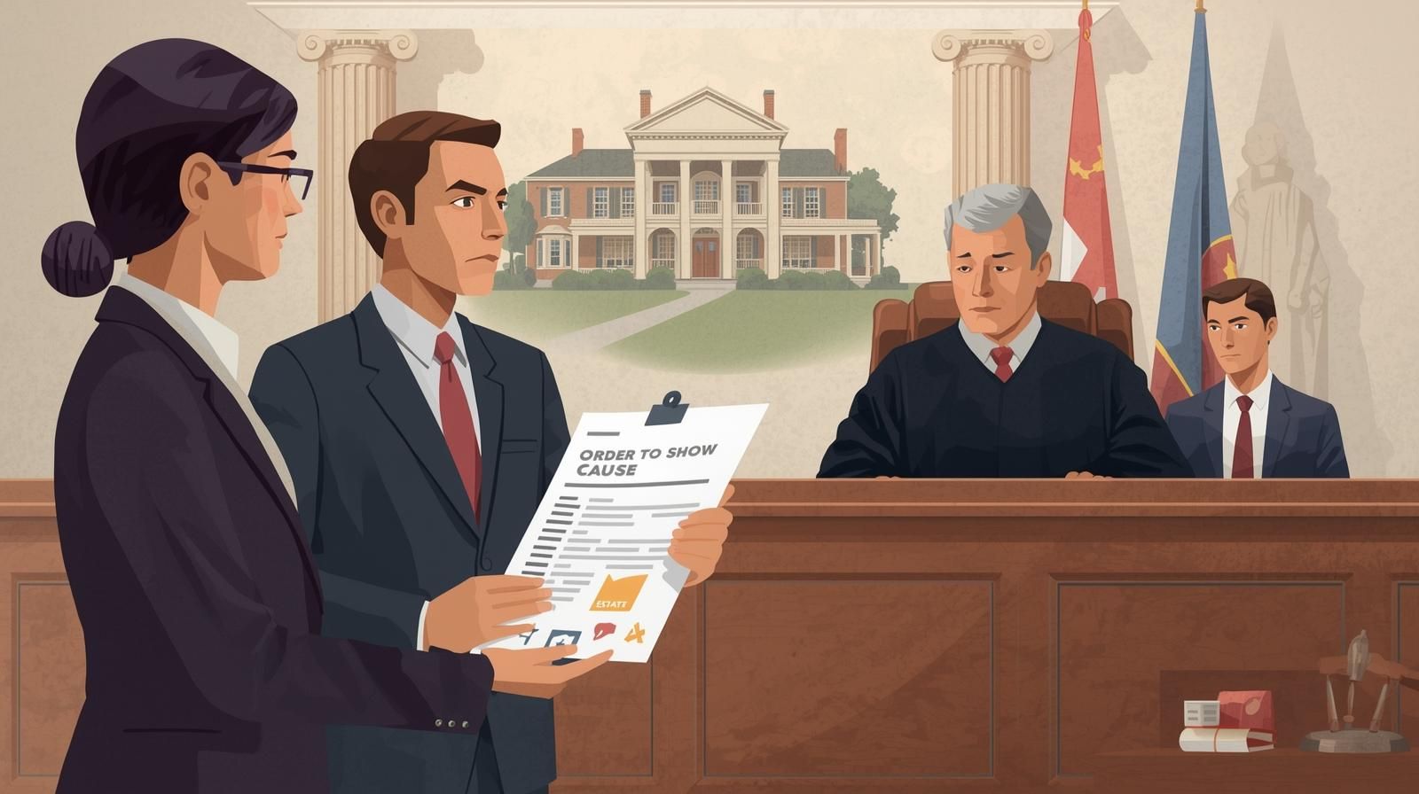 Beneficiary and attorney presenting an Order to Show Cause to a judge during a New Jersey probate dispute involving executor accountability and estate administration.