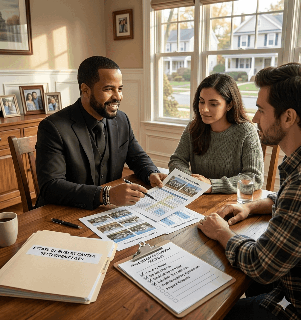 Real estate agent reviewing estate checklist and property valuation documents with homeowner during probate process for selling an inherited home in Passaic City NJ 07055