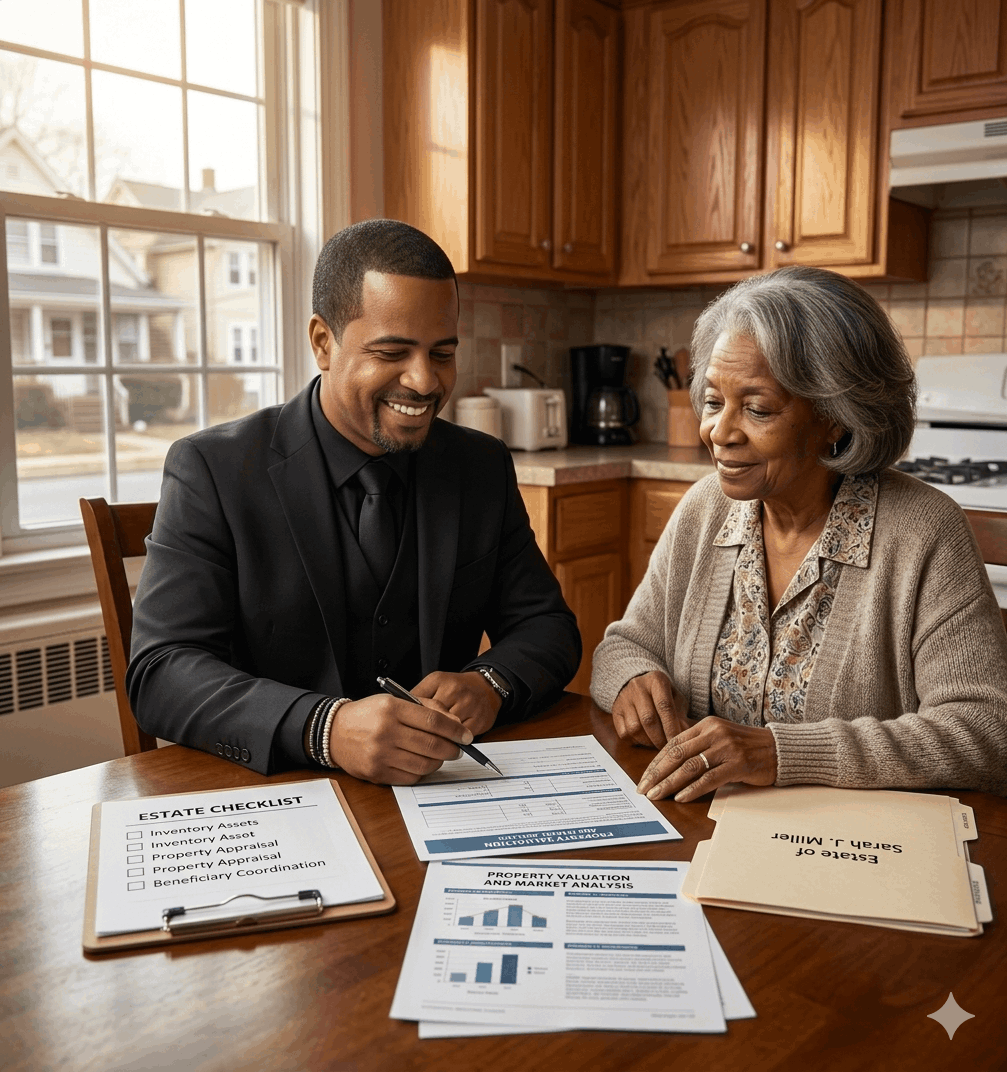 Real estate agent helping executor review estate paperwork and property valuation during inherited home sale in Passaic City NJ probate process