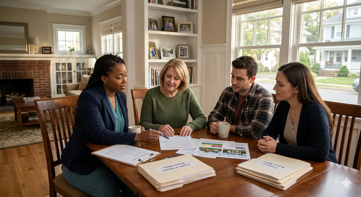 Real estate agent meeting with heirs to review estate settlement agreement paperwork for inherited home sale in Passaic City NJ probate process