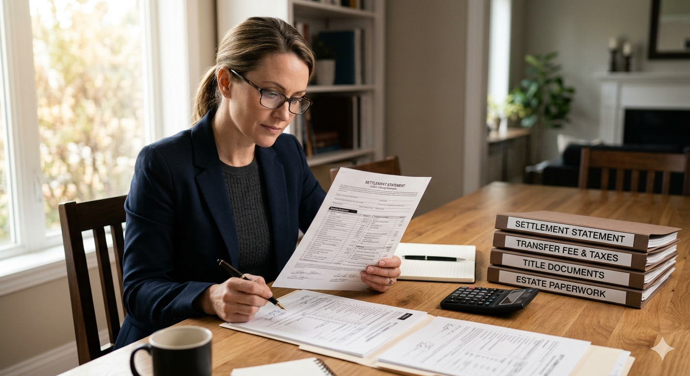 Executor reviewing settlement statement and transfer fee documents when selling an inherited home in Hackensack NJ 07601 Bergen County