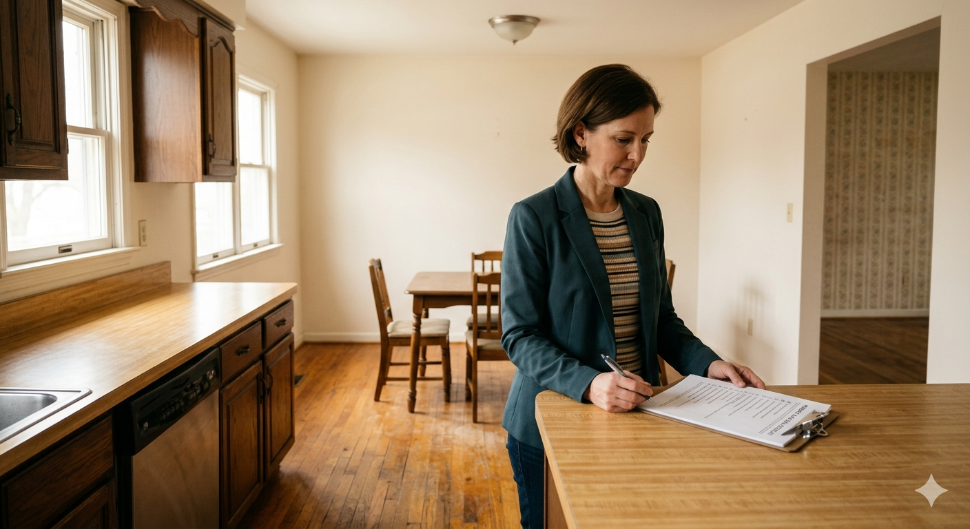 Executor reviewing checklist inside inherited home preparing for as-is sale in Hackensack NJ 07601 Bergen County