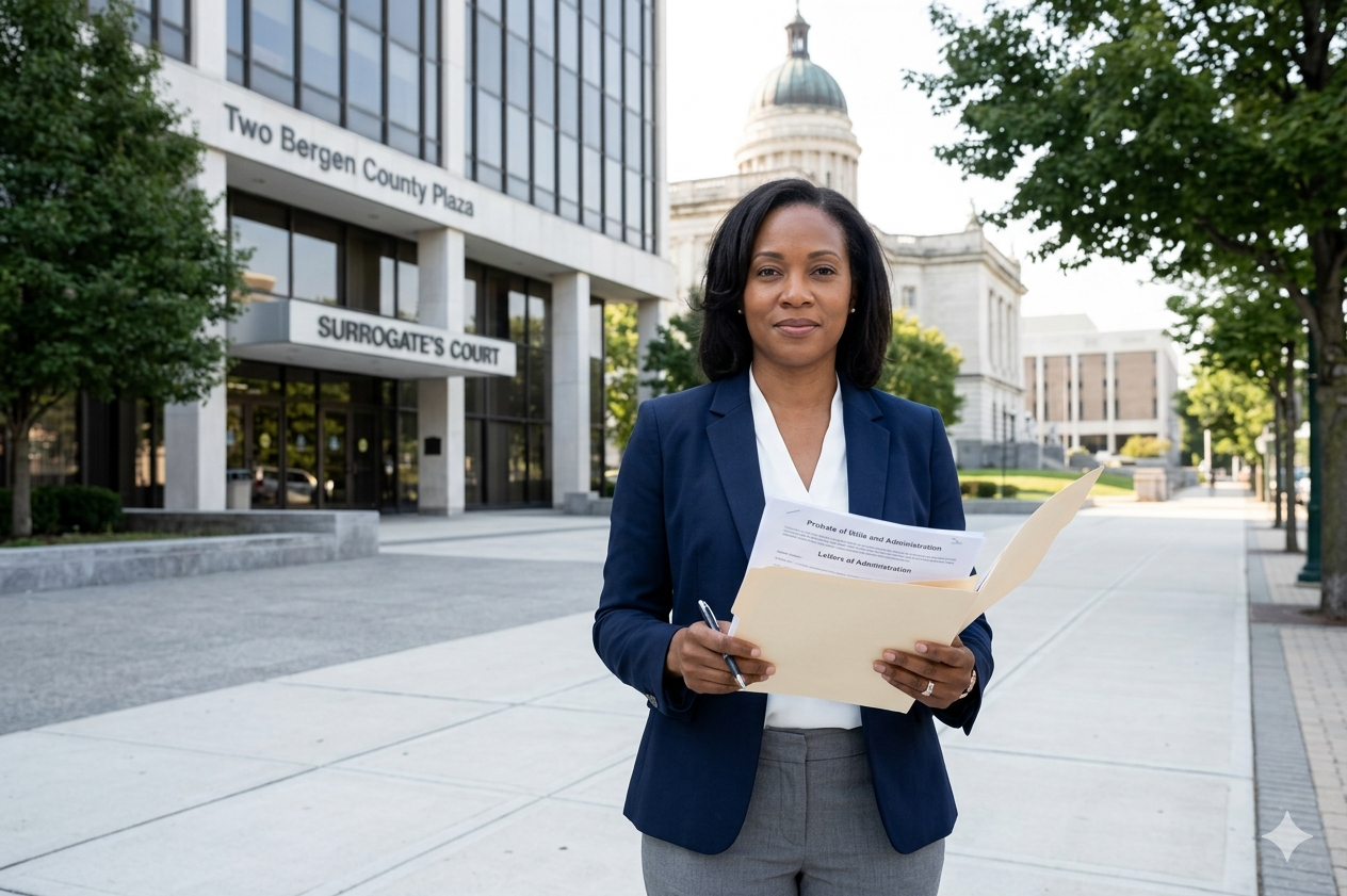 Executor reviewing probate documents outside Bergen County Surrogate’s Court in Hackensack NJ during inherited property estate administration process