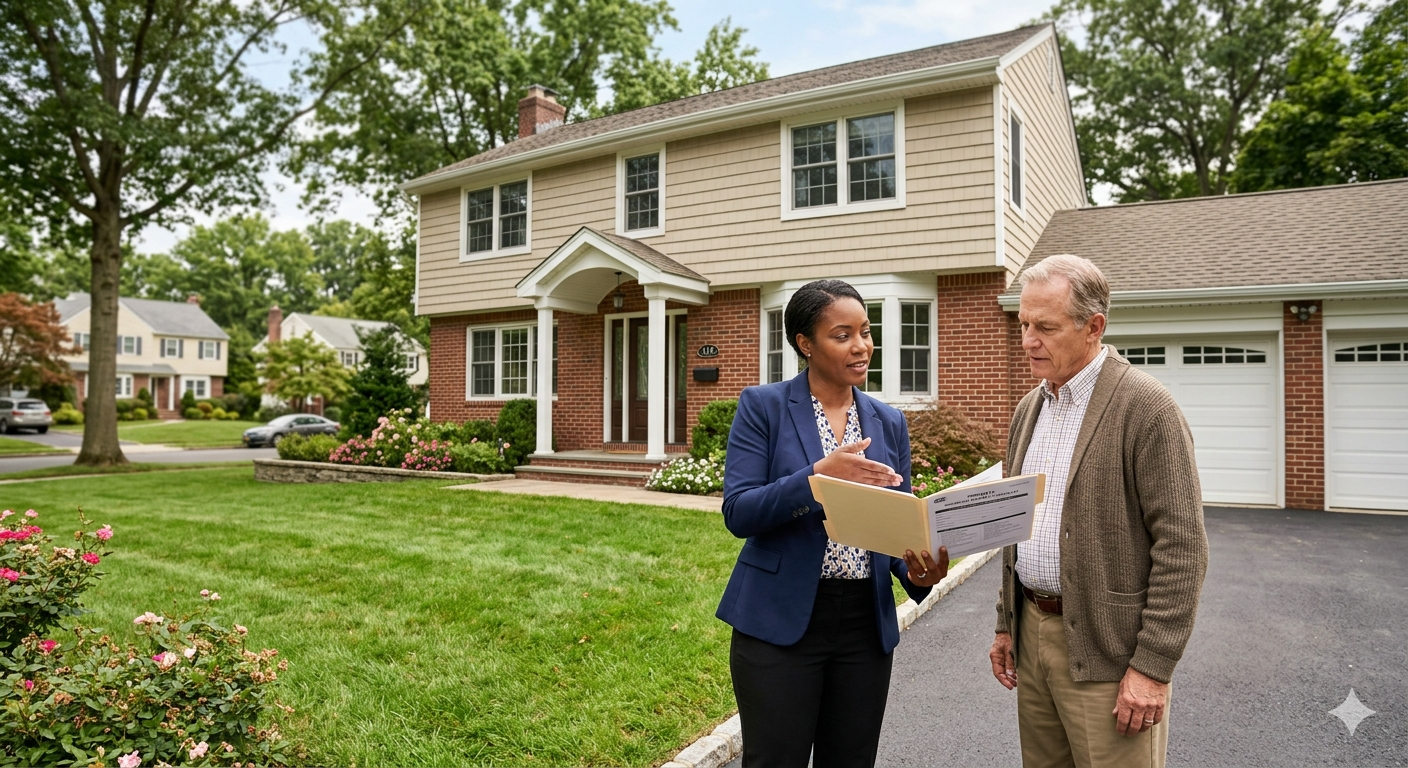real estate agent explaining probate home sale steps to executor outside Teaneck NJ house selling an inherited home in Teaneck NJ