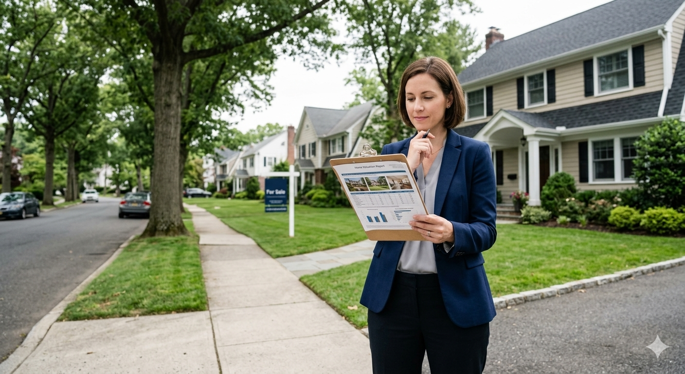 Real estate agent reviewing home valuation report while pricing inherited property in Ridgewood NJ neighborhood before listing estate home for sale