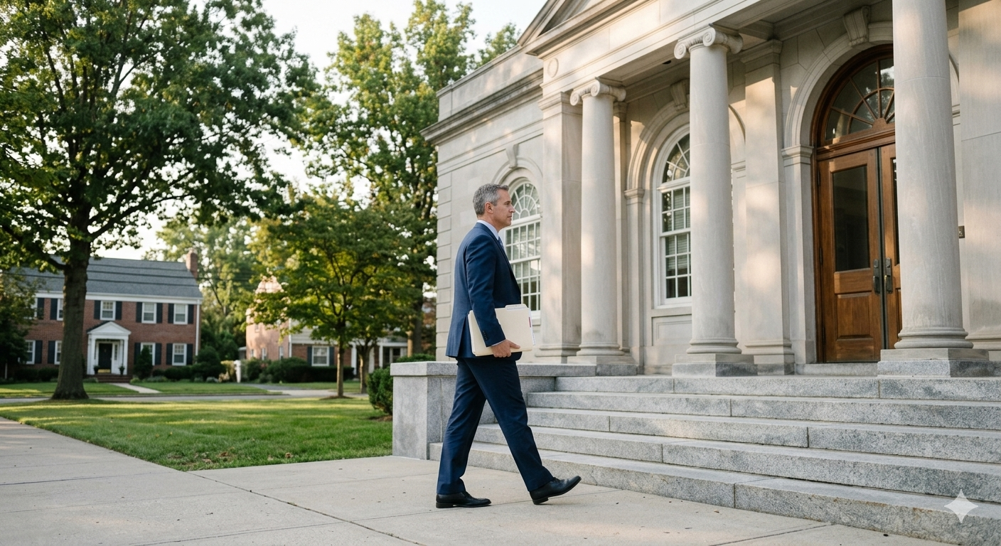Executor walking toward Bergen County courthouse with estate paperwork during probate process before selling an inherited home in Ridgewood NJ