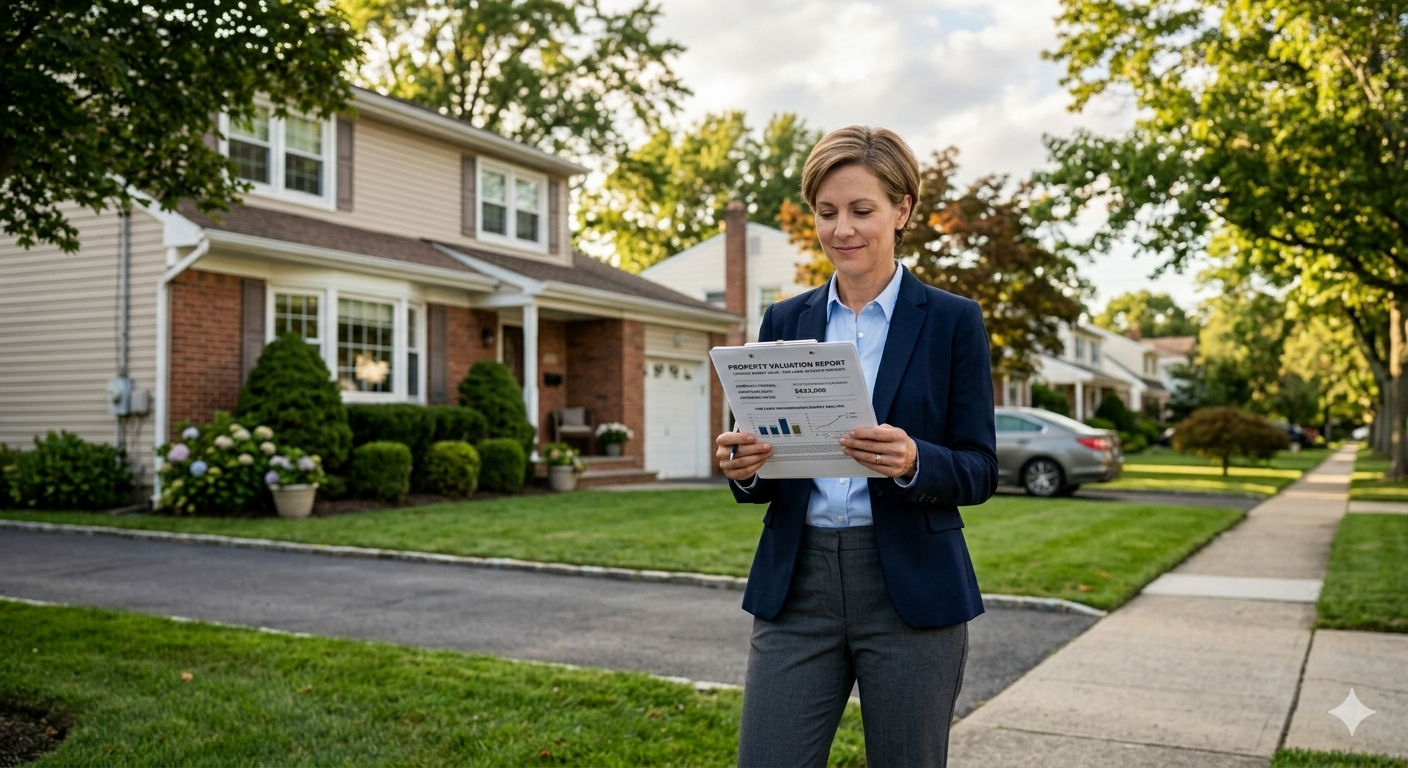Heir reviewing inherited property value outside Fair Lawn NJ home showing stepped up basis tax benefit concept