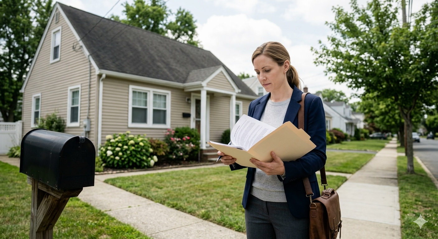 Executor reviewing paperwork outside inherited home in Fair Lawn NJ before probate property sale steps begin