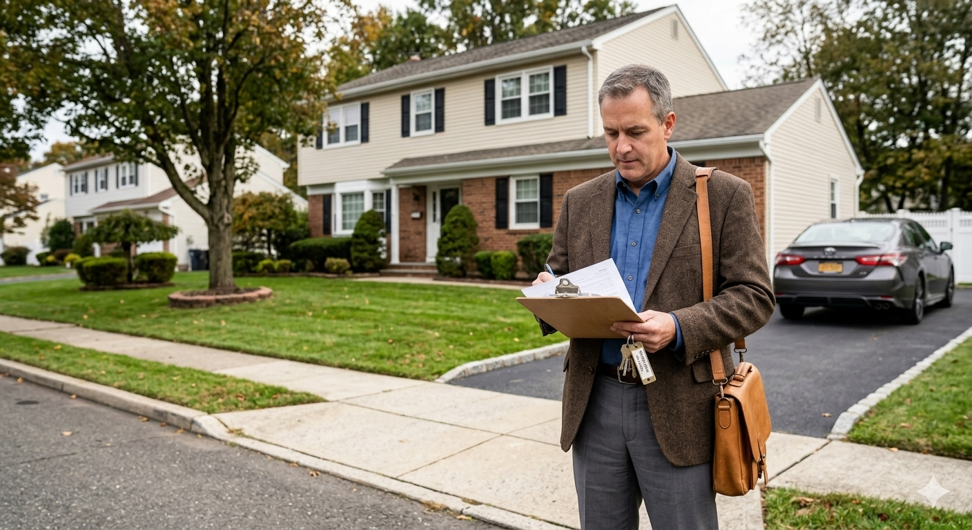 Executor reviewing estate documents outside inherited home in Fair Lawn NJ during probate home sale process