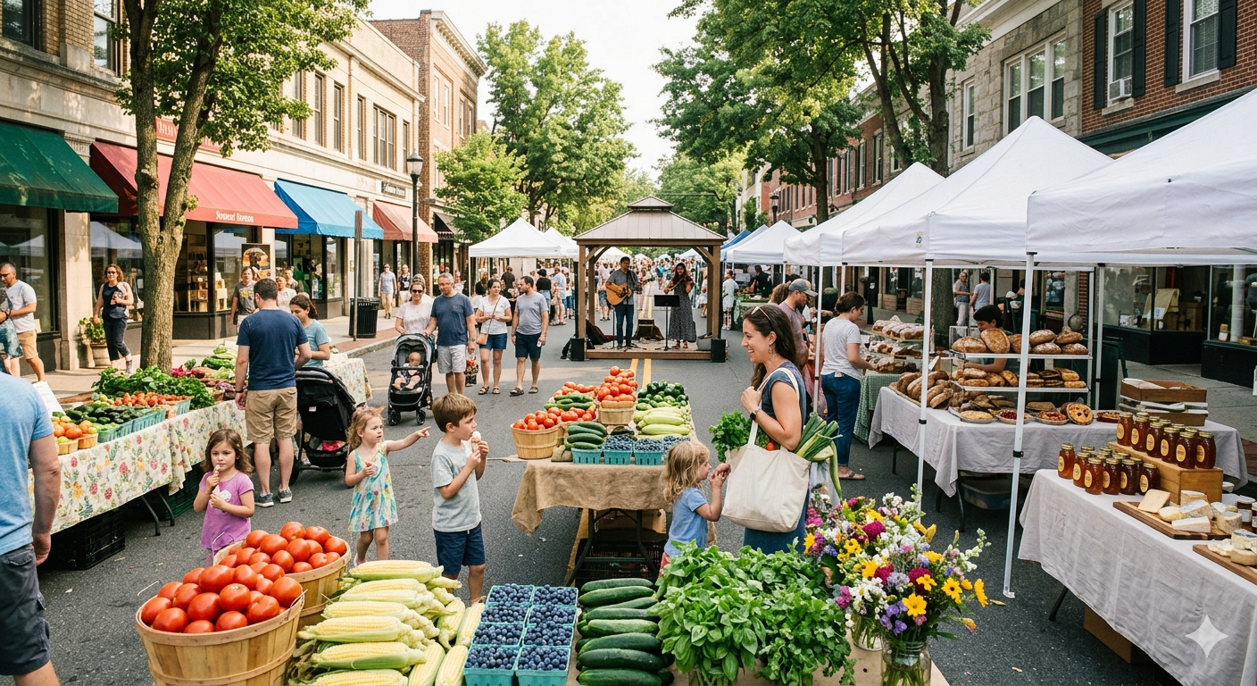 North Jersey farmers market in Bergen and Passaic Counties with fresh summer produce, baked goods, honey stands, flowers, families shopping, and live outdoor music during community market event 2026
