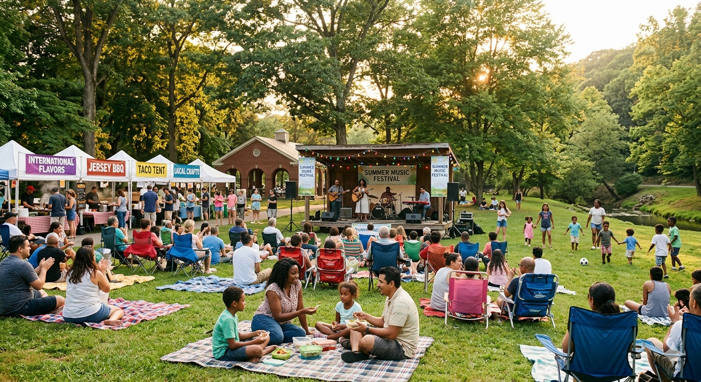 Passaic County summer park concert festival with families on picnic blankets, live music stage, and multicultural food vendors during a North Jersey community event