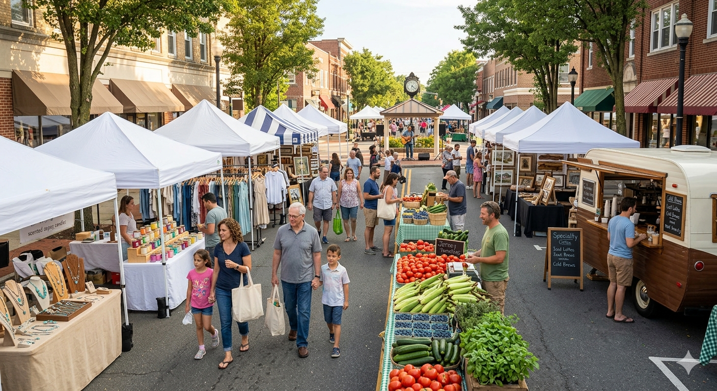 Passaic County NJ artisan street fair with handmade vendor booths, farmers market produce stands, specialty coffee cart, and families shopping during summer community festival in Clifton Wayne Hawthorne area 2026