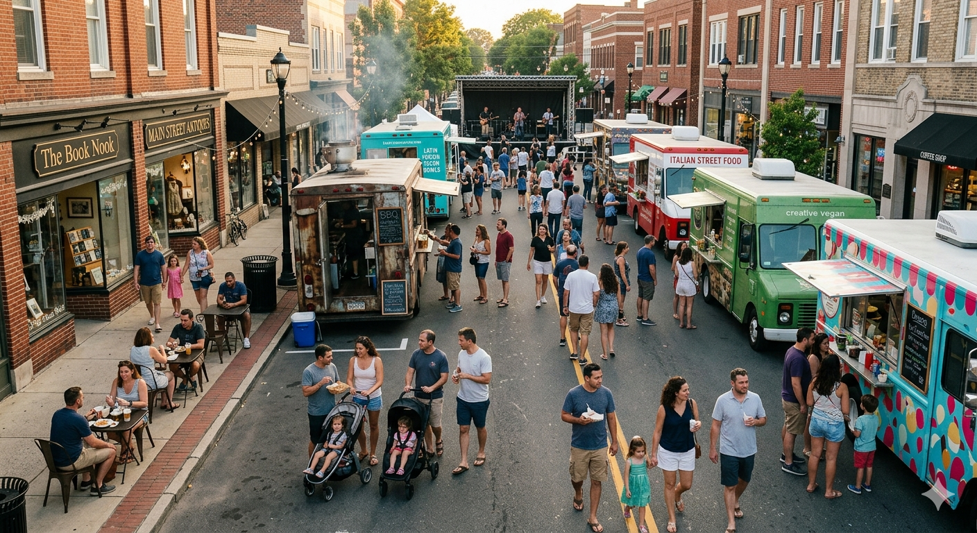 Bergen County NJ food truck festival with gourmet street food vendors, families walking downtown, and live outdoor summer concert stage during North Jersey summer community event 2026