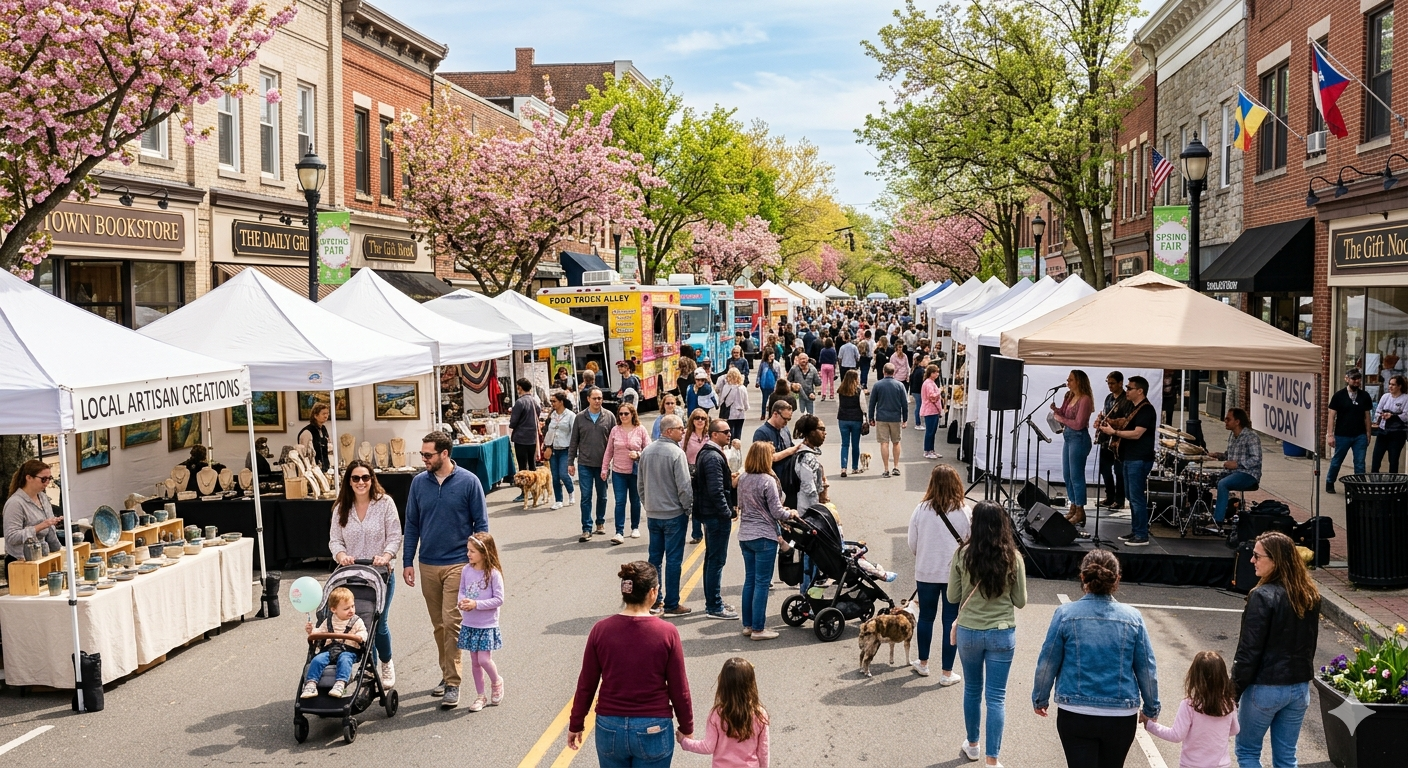 Create a photorealistic spring street fair scene in a walkable Bergen County New Jersey downtown neighborhood. Show artisan vendor tents, handmade craft booths, families walking with children, food trucks, dessert stands, and a small live music stage. Include leafy trees in bloom, warm sunshine, suburban storefront architecture, and a welcoming community atmosphere. The crowd should look diverse and family friendly. Style should feel natural, bright, realistic, and inviting like a professional real estate lifestyle magazine photo. No text overlay. No logos. Ultra high resolution cinematic lighting with soft spring colors.