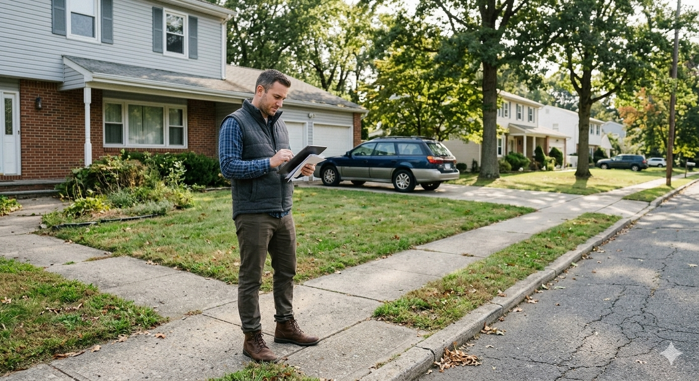 Investor reviewing foreclosure property opportunity in North Haledon NJ residential neighborhood evaluating bank owned home potential