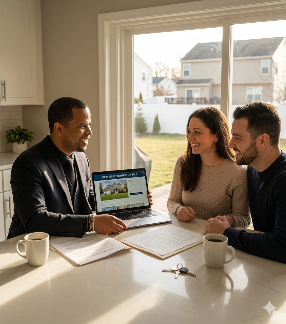 Real estate agent reviewing foreclosure properties for sale in North Haledon NJ with buyers during home purchase consultation