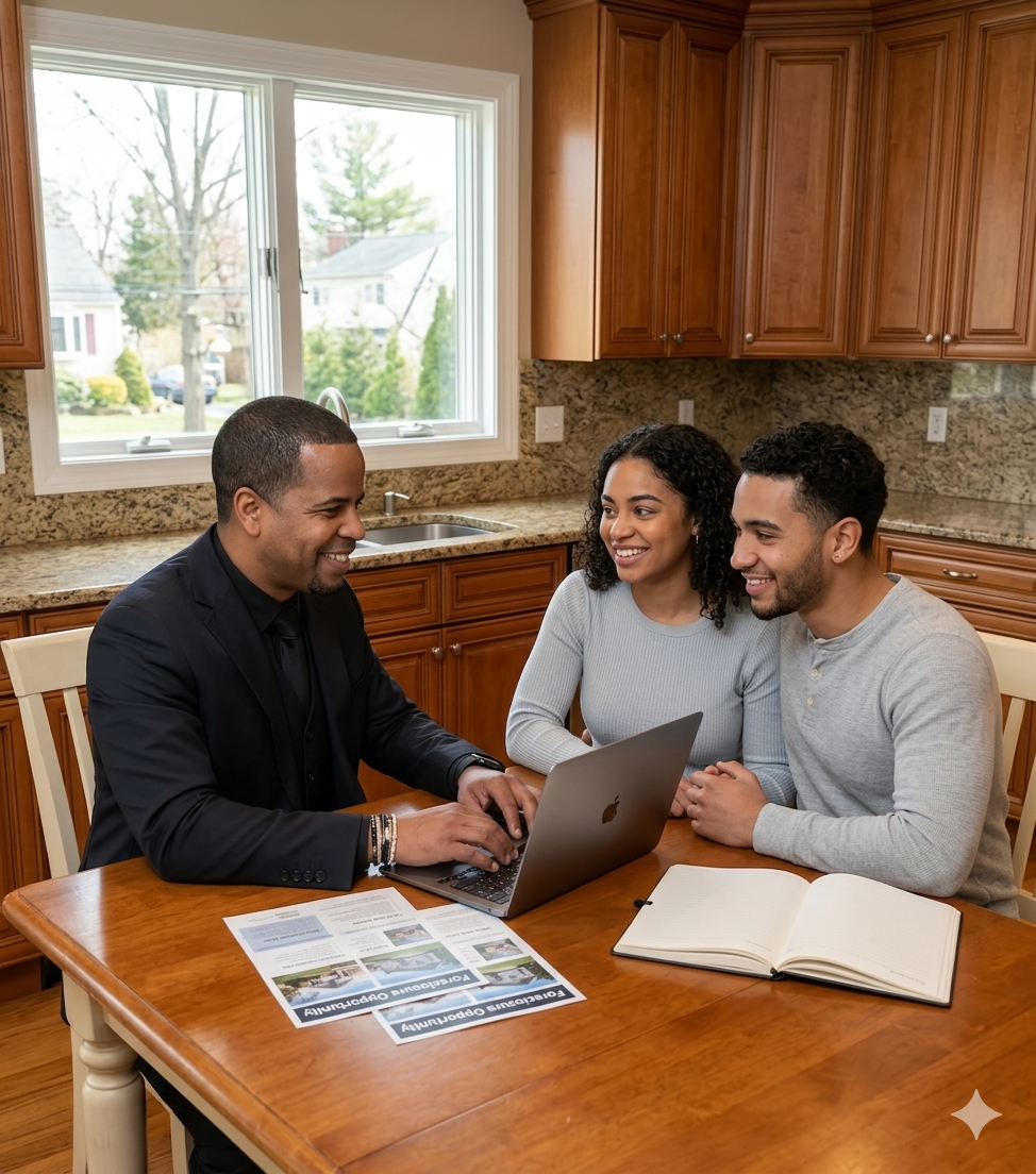 Real estate agent helping buyers review foreclosure homes for sale in Prospect Park NJ during a kitchen table consultation about affordable home buying opportunities in Passaic County NJ
