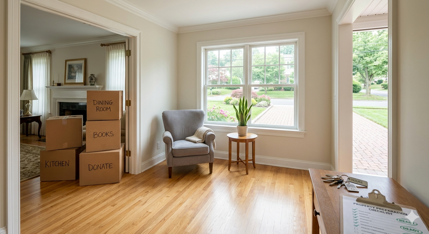 Preparing an inherited home for sale in Elmwood Park NJ with packed boxes, improved lighting, cleared living space, and property preparation checklist for Bergen County estate sale listing readiness