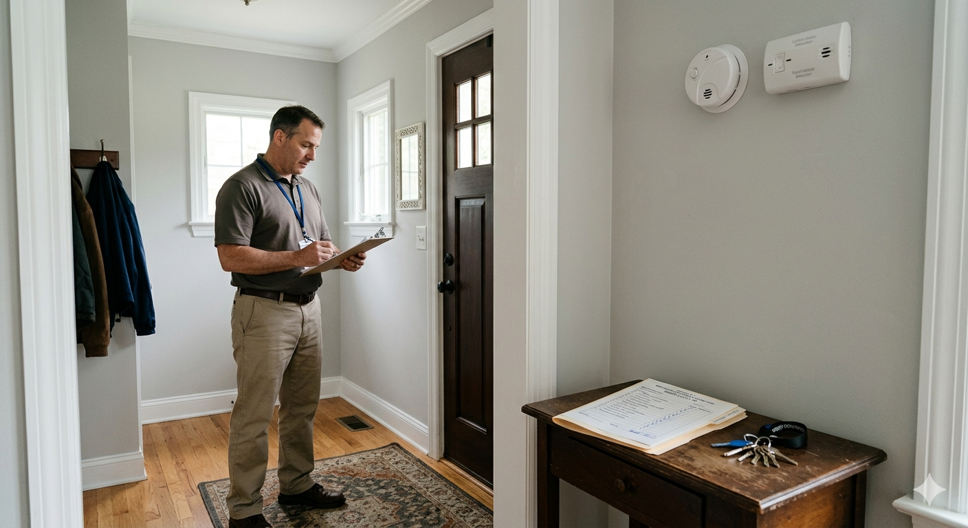 Municipal inspector reviewing checklist near smoke detector and carbon monoxide detector during inherited home as-is sale inspection in Elmwood Park NJ Bergen County estate property closing process