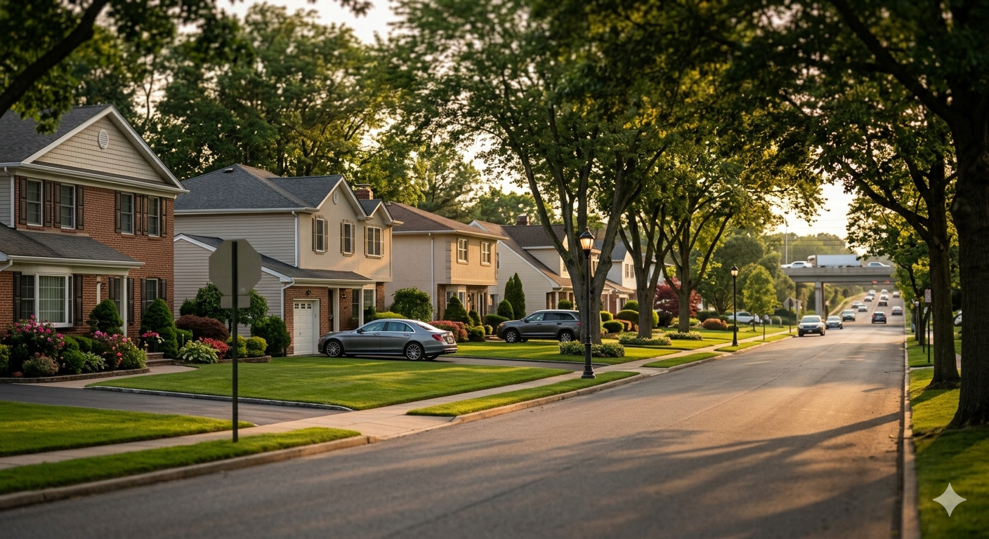 Tree lined Saddle Brook NJ neighborhood near highway access showing strong Bergen County housing demand compared to other North Jersey markets for inherited home probate sales