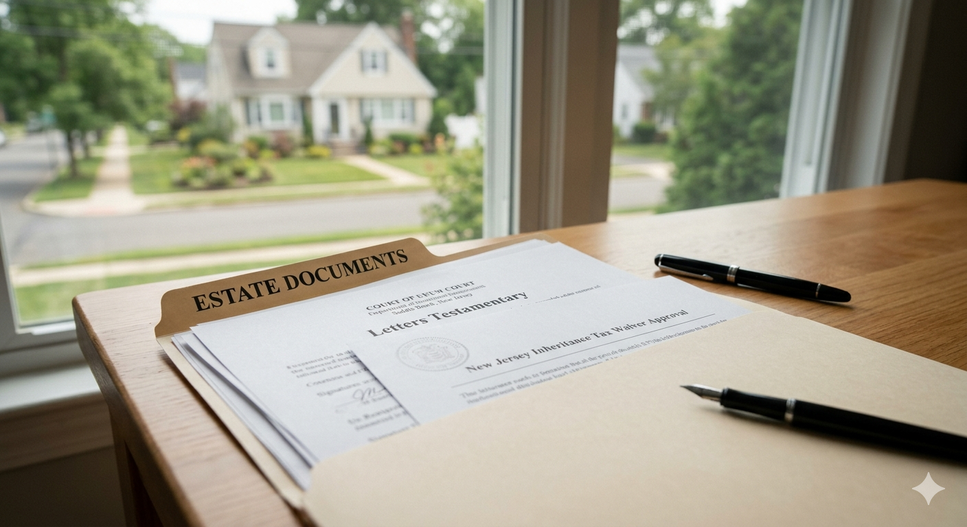Estate documents showing Letters Testamentary and New Jersey inheritance tax waiver approval near window overlooking Saddle Brook NJ home during probate property sale process