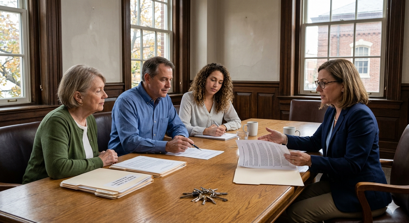 Family meeting with legal advisor reviewing estate documents and house keys during probate court approval process for selling an inherited home in Elmwood Park NJ Bergen County estate sale