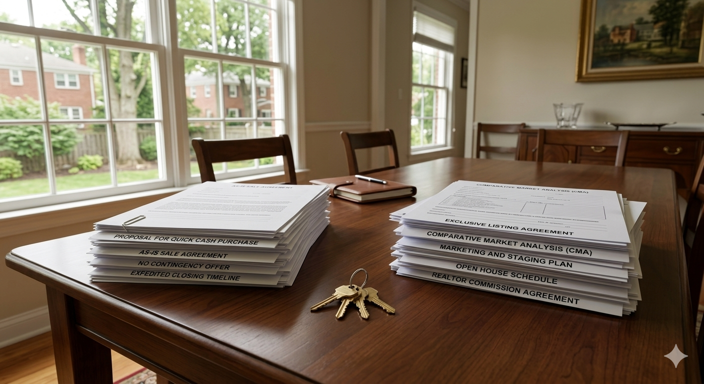 Comparison of fast cash buyer paperwork and traditional listing strategy documents with house keys on table representing inherited property sale options in South Hackensack NJ