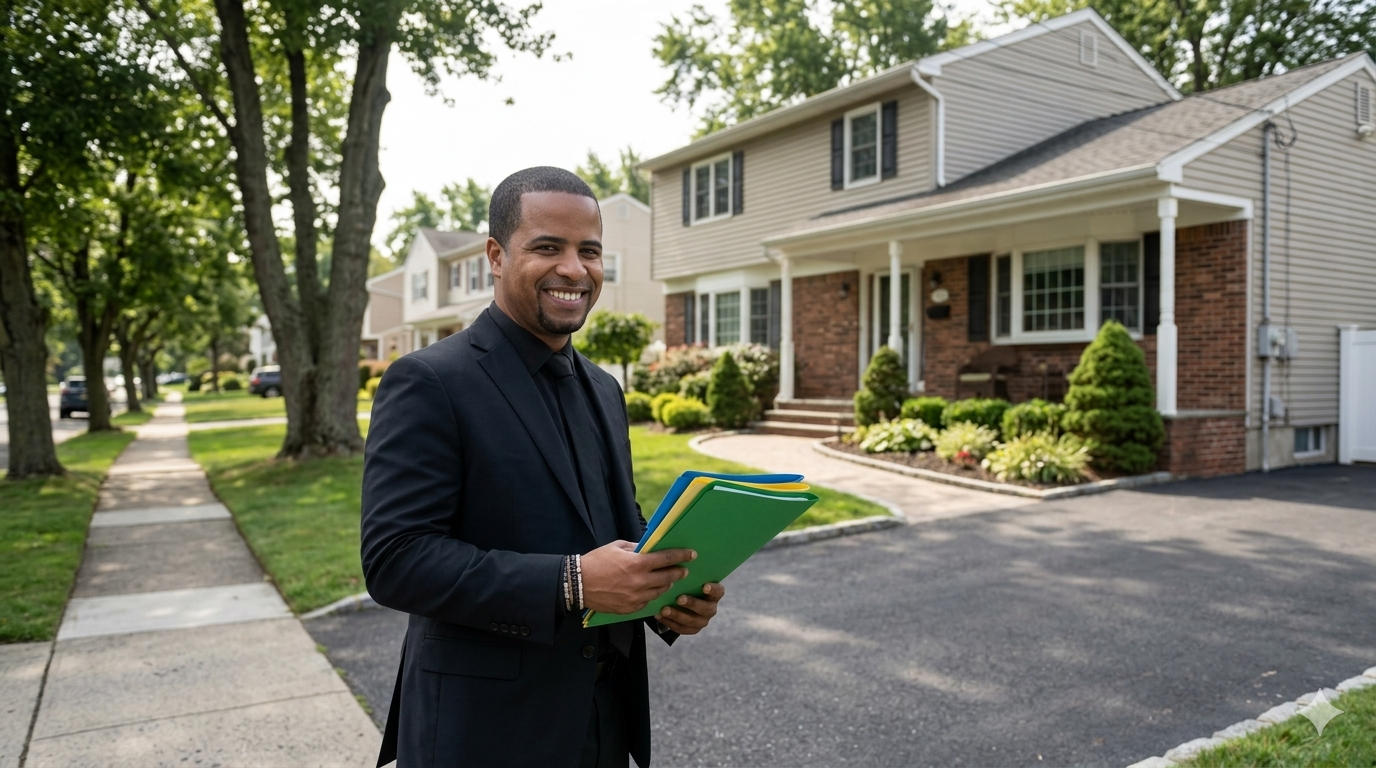 Executor reviewing estate documents outside a Saddle Brook NJ home while evaluating probate sale options including traditional listing as-is sale and fast cash buyer in Bergen County