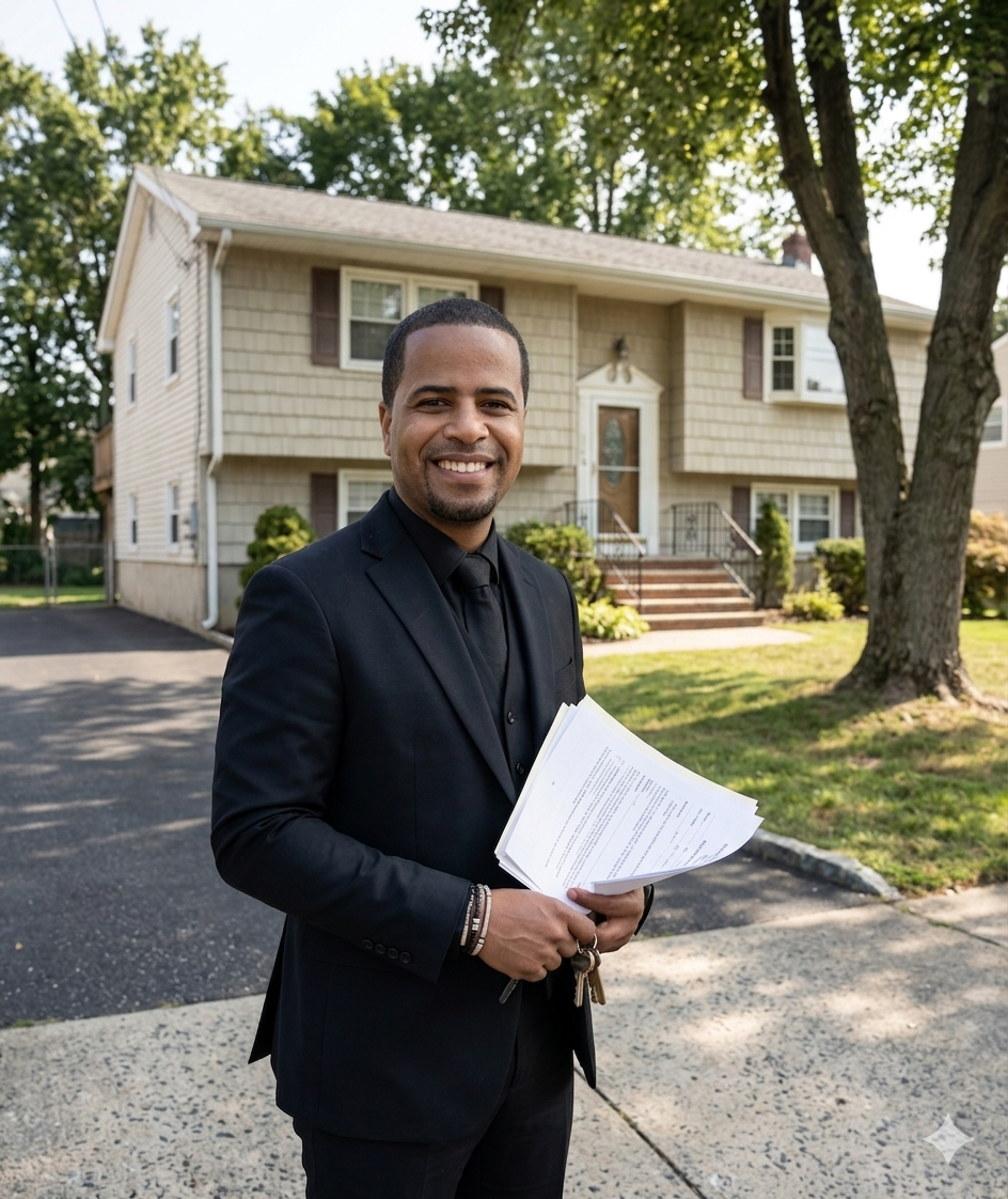 Executor holding estate documents and house keys outside Saddle Brook NJ inherited property preparing for as-is probate home sale settlement in Bergen County