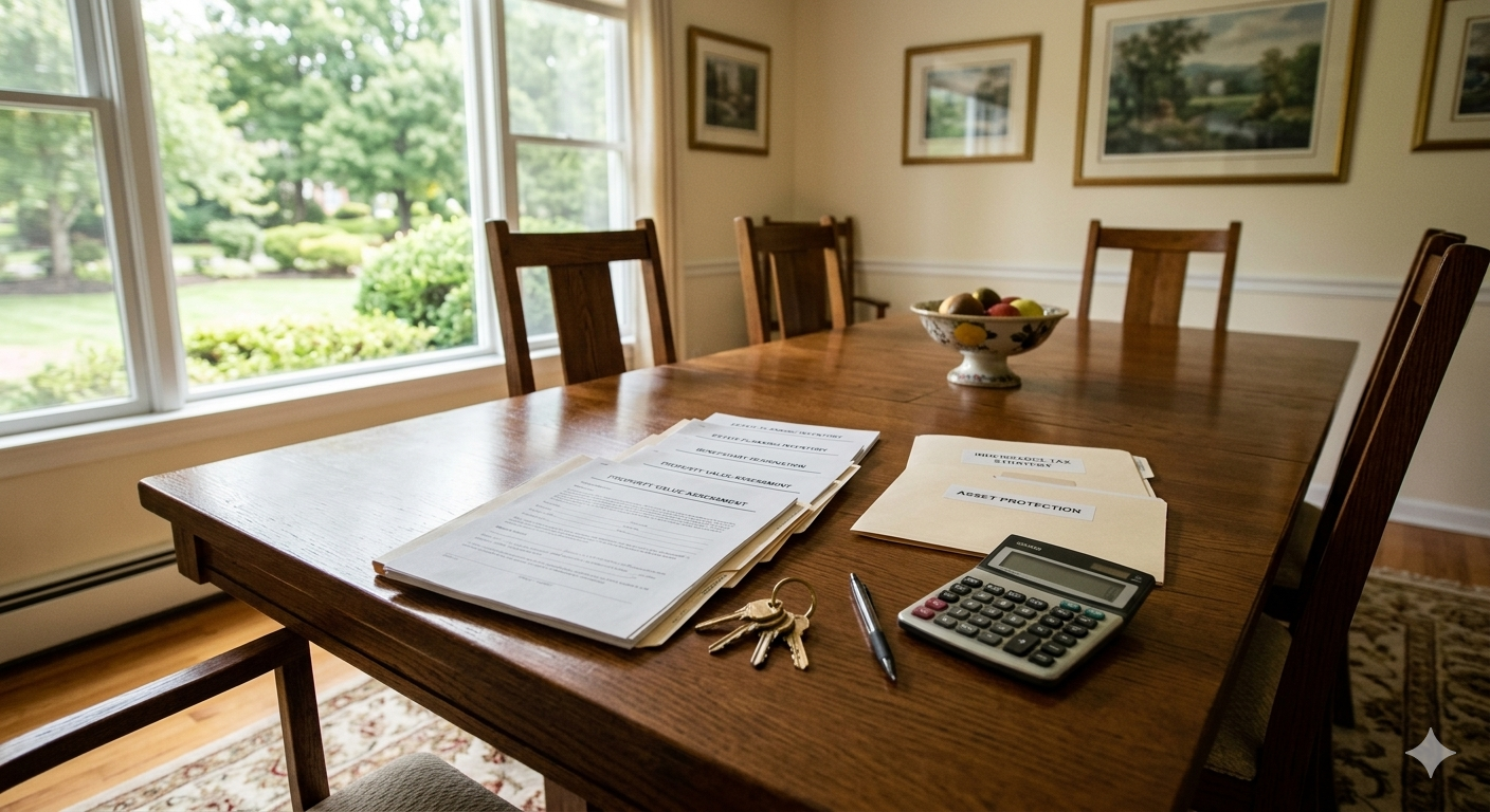 Estate planning paperwork, house keys, and calculator on dining table inside a suburban New Jersey home representing stepped-up basis tax strategy for inherited property in South Hackensack NJ