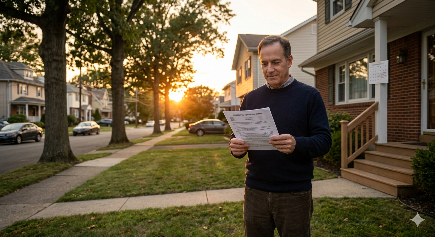 Clifton NJ homeowner reviewing cash home sale offer outside house as alternative to avoid foreclosure delays