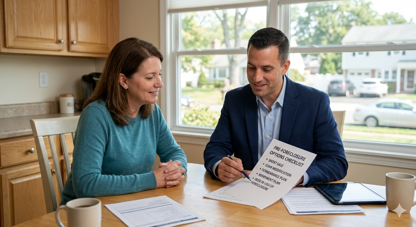 Homeowner reviewing pre foreclosure options checklist with real estate agent discussing short sale loan modification and repayment plan solutions in Paterson New Jersey