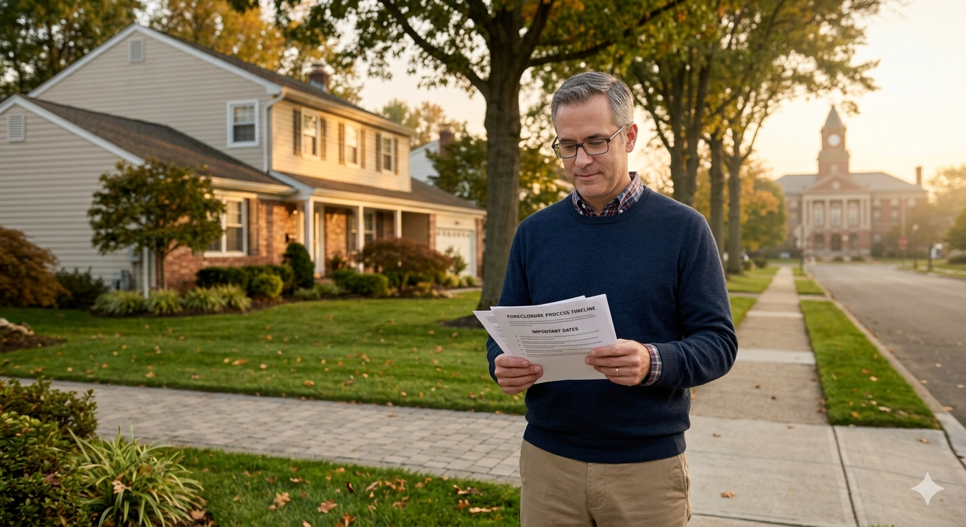 Homeowner reviewing foreclosure timeline documents outside Clifton NJ house during pre-foreclosure sale window before sheriff sale