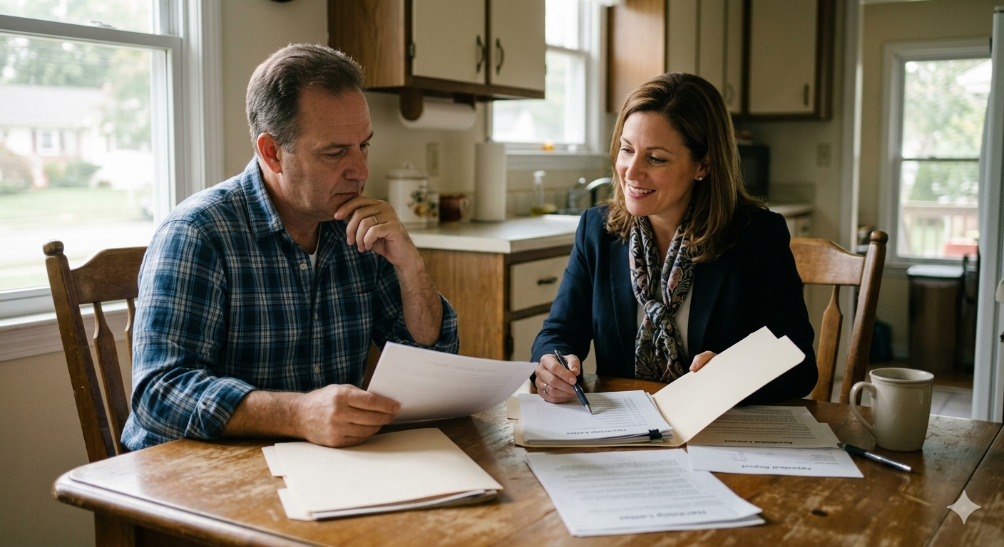 Homeowner reviewing short sale paperwork with real estate agent during the Paterson short sale process lender approval preparation in New Jersey kitchen consultation meeting