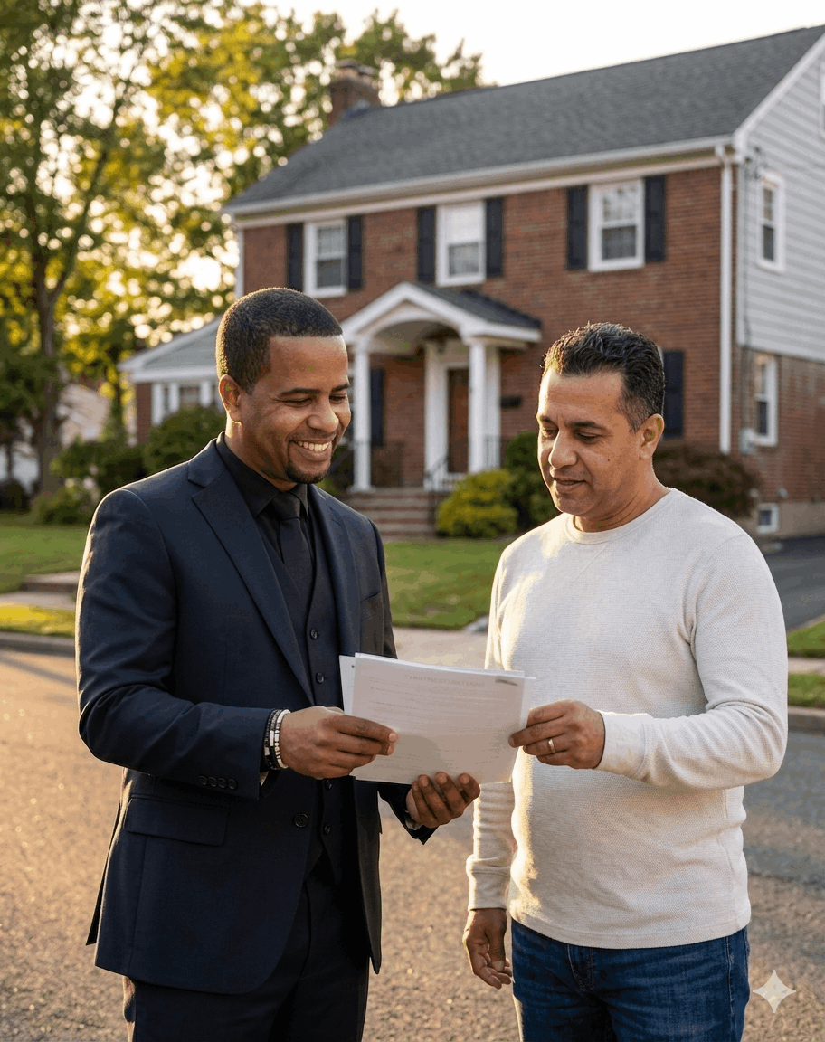 Real estate agent reviewing short sale documents with Clifton NJ homeowner outside residential property during foreclosure prevention consultation