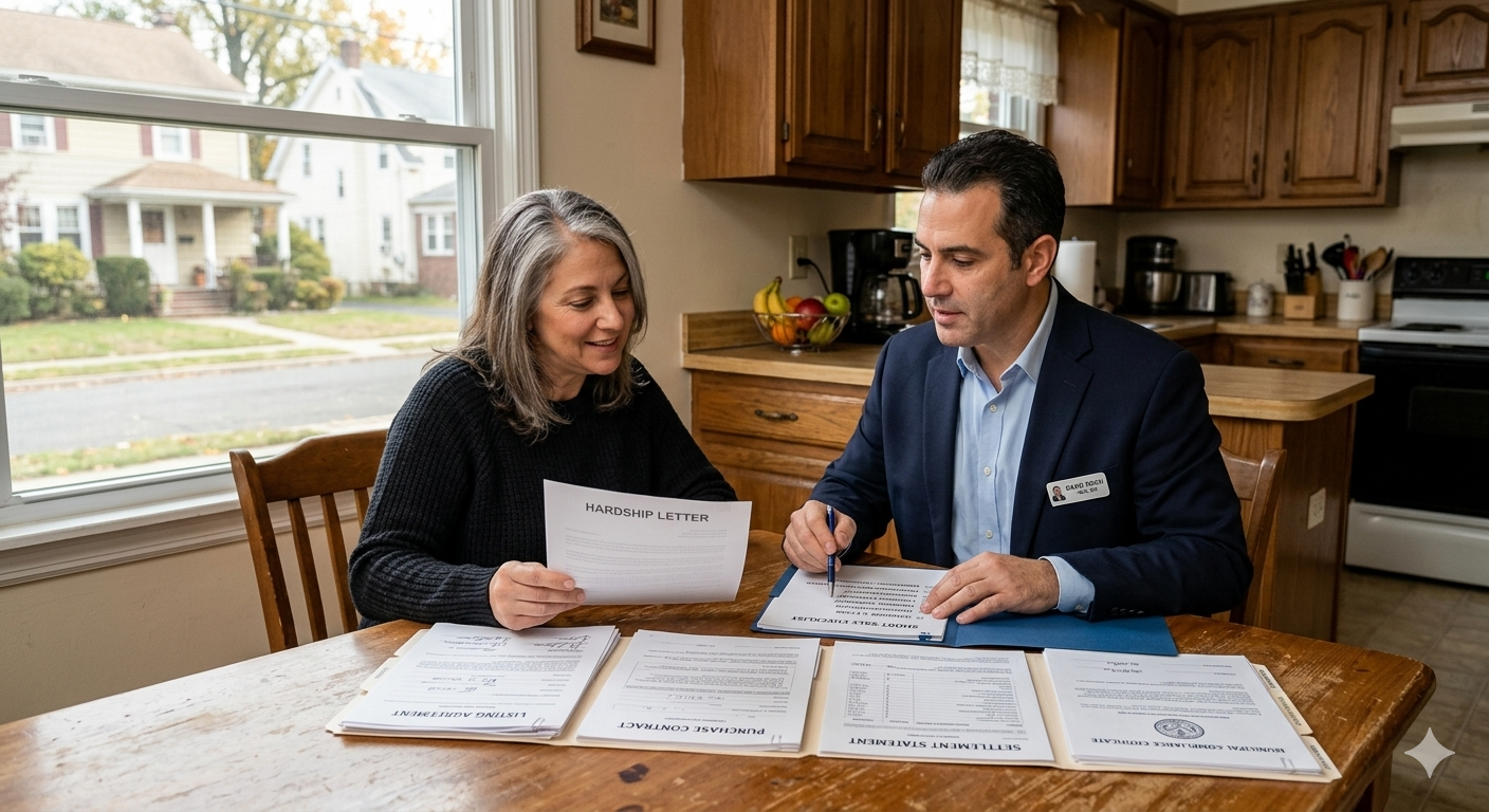 Homeowner reviewing hardship letter and short sale lender approval documents with real estate agent preparing complete short sale package in Paterson New Jersey