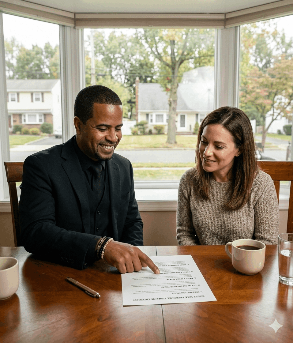 Homeowner reviewing short sale approval timeline with real estate agent in Totowa NJ explaining lender review appraisal underwriting process and closing timeframe for short sale approval