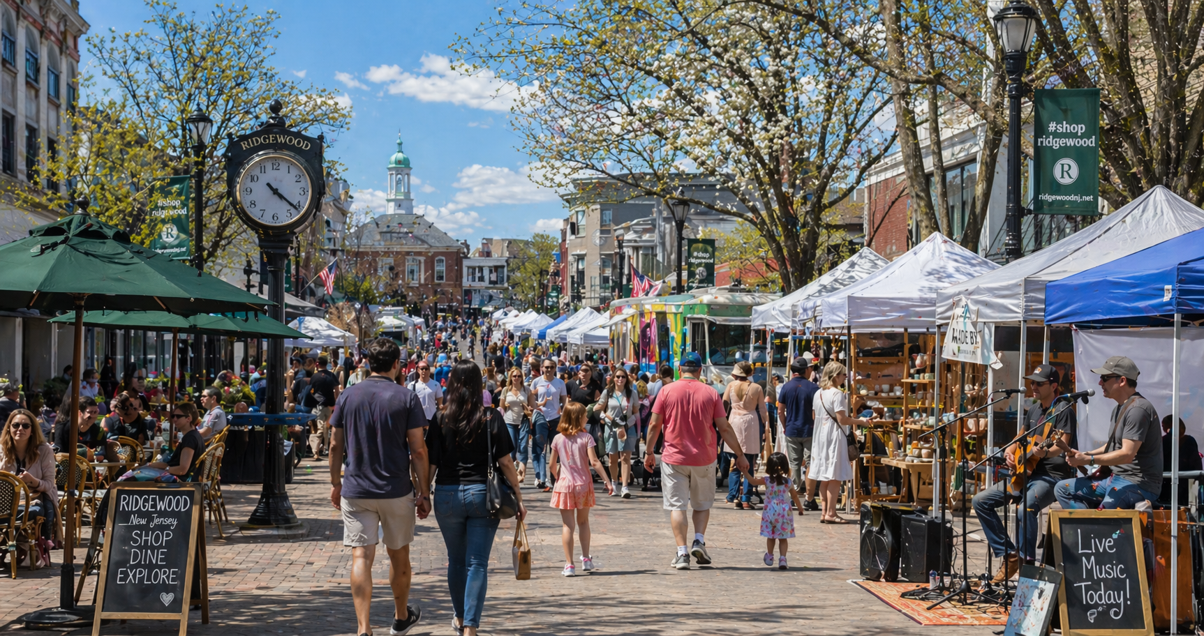 Spring street fair in downtown Ridgewood, New Jersey with vendor tents, artisan booths, boutique shops, families walking along Ridgewood Avenue, outdoor café seating, blooming trees, food trucks, and live acoustic music in a walkable Bergen County village center.