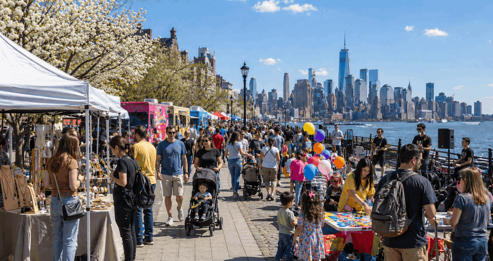Spring waterfront street fair along the Hudson River in Hoboken, New Jersey with families walking near food trucks, artisan craft booths, kids activity area with balloons, live outdoor music, blooming trees, and the New York City skyline in the background.