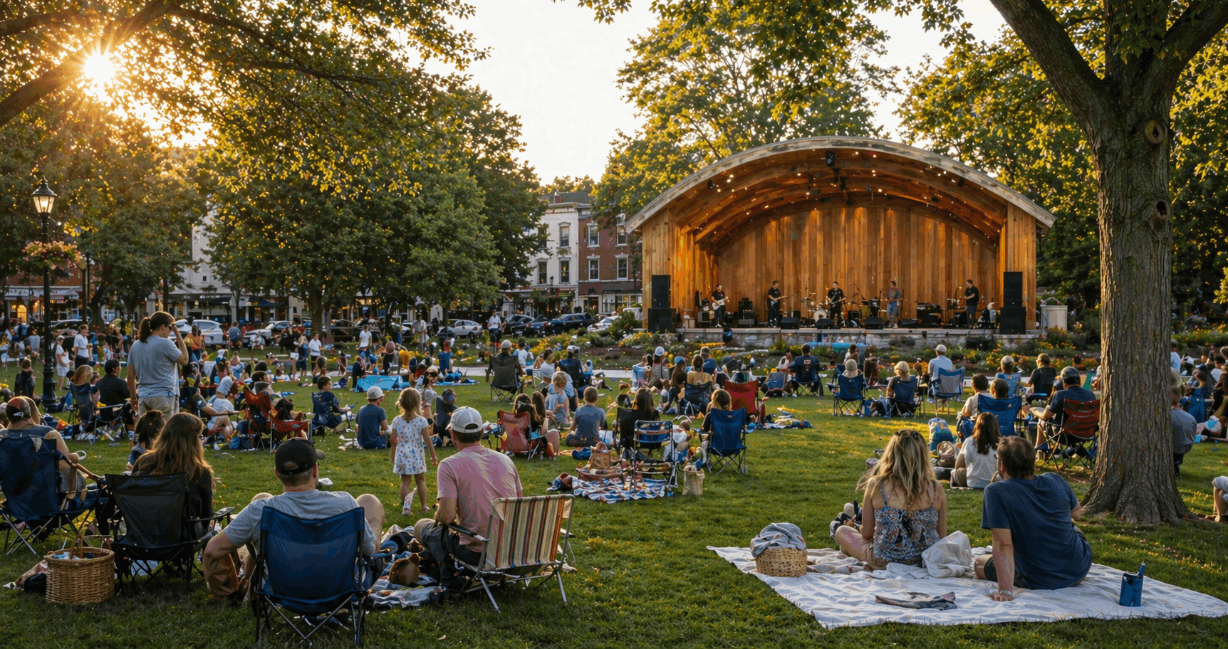 Summer outdoor concert at Kasschau Memorial Shell in Ridgewood, New Jersey with families on picnic blankets and lawn chairs watching a live band on an outdoor stage, children playing nearby, neighbors socializing on a grassy park lawn under mature shade trees during golden evening sunlight.