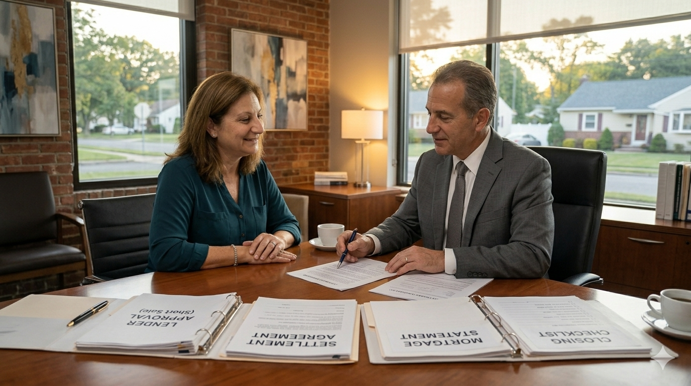 Real estate attorney reviewing short sale approval letter and settlement documents with homeowner in Haledon New Jersey during foreclosure prevention process