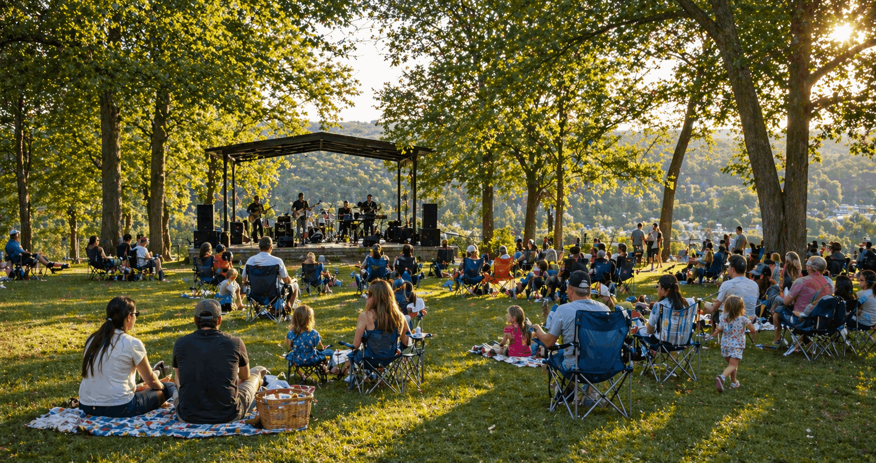 Summer outdoor concert at Rifle Camp Park in Passaic County, New Jersey with families sitting on picnic blankets and lawn chairs under tall shade trees watching a community band on an outdoor stage, children playing nearby, wooded hills and scenic park views in warm golden evening sunlight.