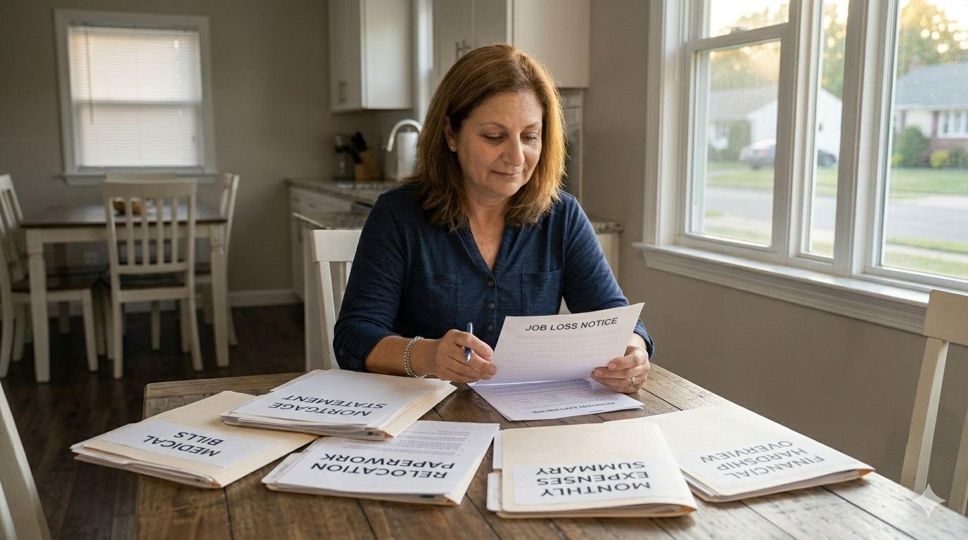 Homeowner reviewing financial hardship documents for short sale approval in Haledon New Jersey with organized mortgage and expense paperwork on table