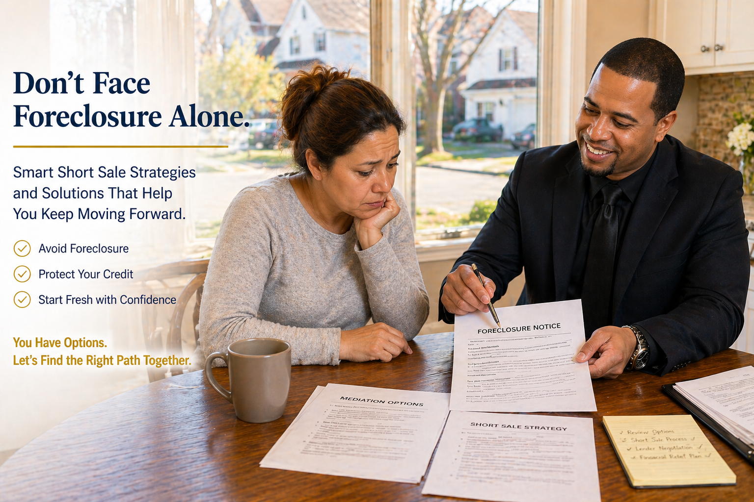 Real estate agent reviewing foreclosure notice mediation options and short sale strategy paperwork with Prospect Park NJ homeowner at kitchen table inside Passaic County suburban home during consultation about foreclosure prevention and lender approval solutions