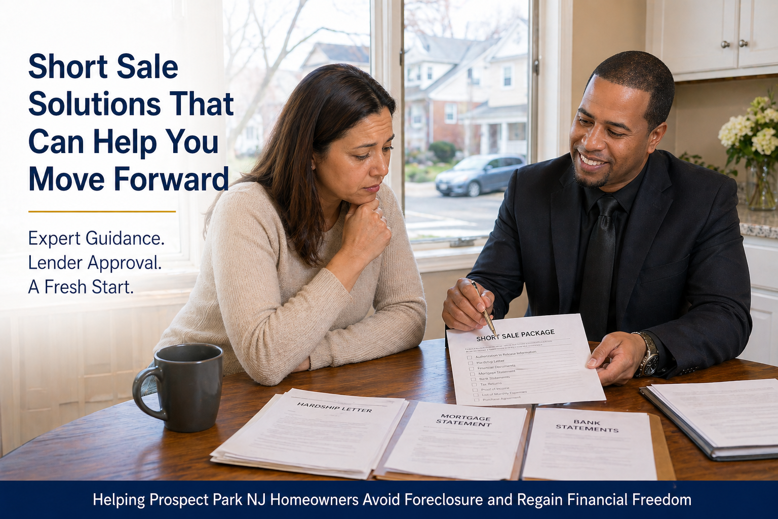 Real estate agent reviewing short sale package with Prospect Park NJ homeowner at kitchen table showing hardship letter mortgage statement bank statements and lender approval documents inside Passaic County suburban home consultation about avoiding foreclosure and completing a short sale successfully