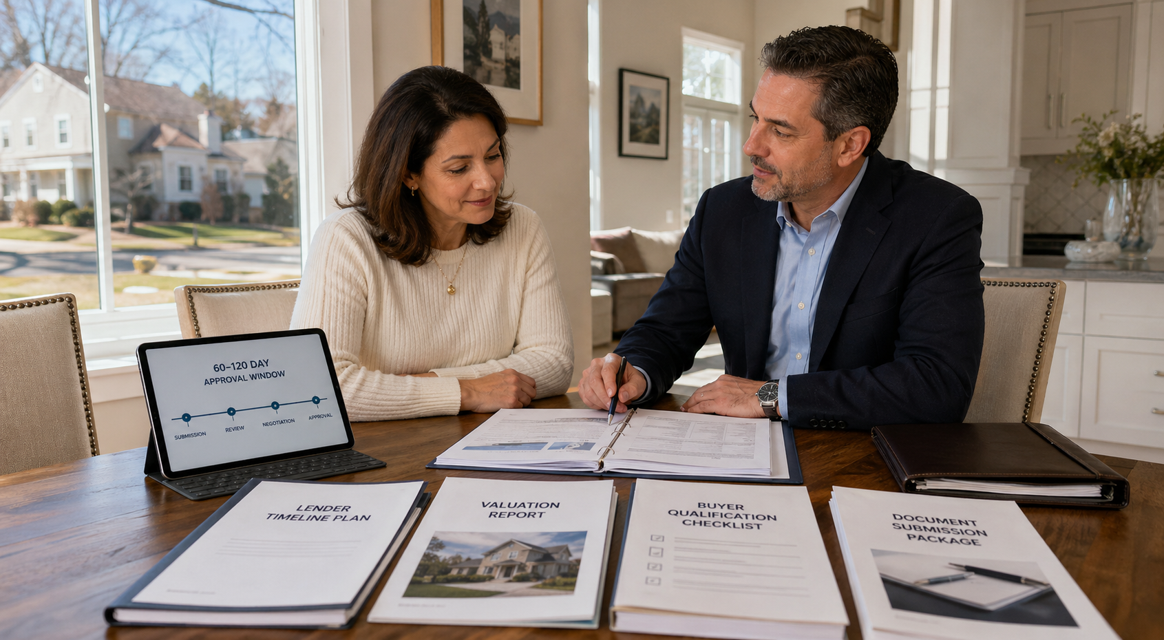 Homeowner reviewing a structured financial transition plan with a professional real estate advisor in an upscale North Haledon NJ suburban dining room, featuring documents labeled credit impact comparison, relocation plan, lender approval strategy, deficiency resolution outline, and a tablet showing a next home planning timeline in a Bergen County residential setting.