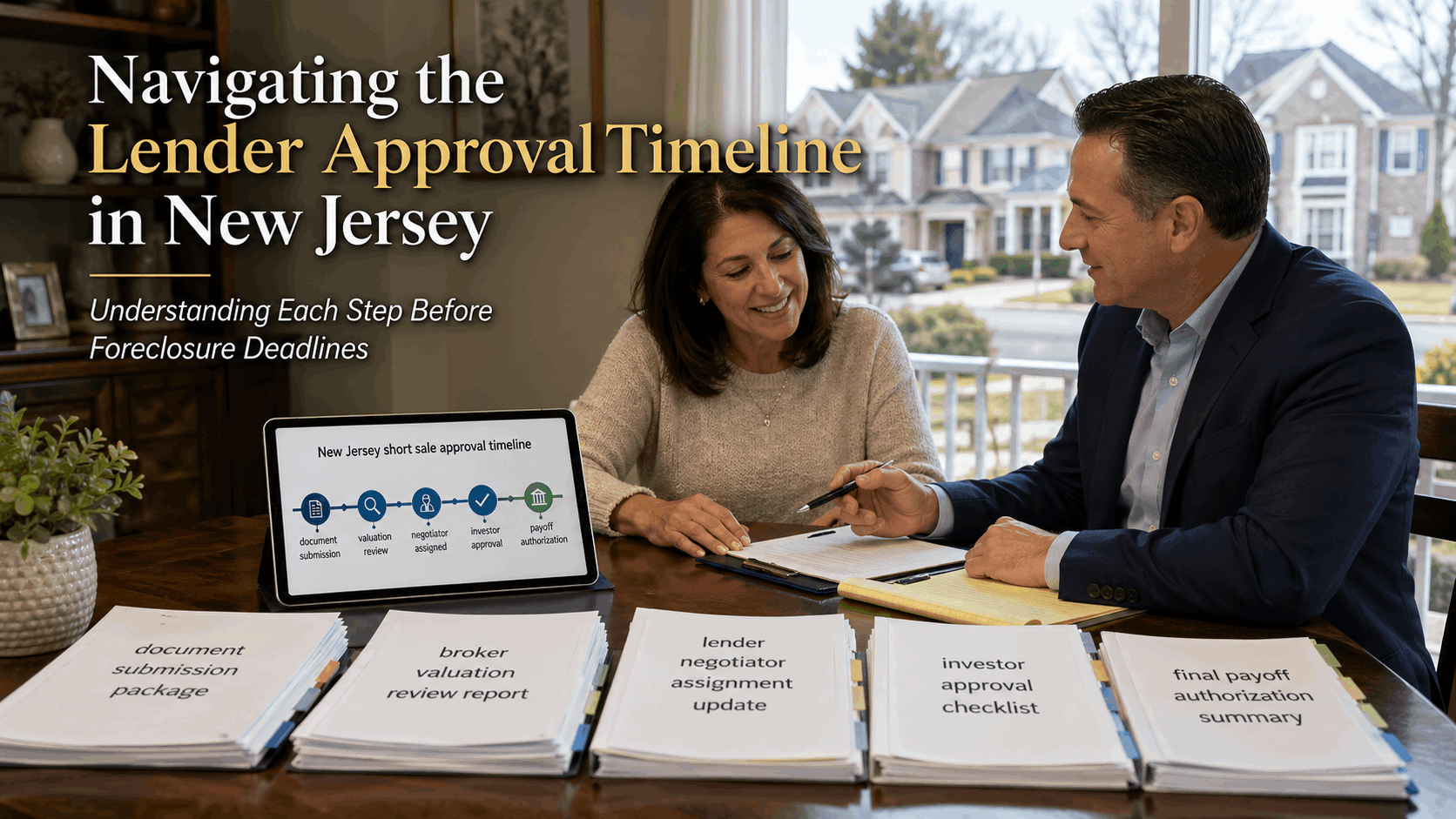 Professional real estate advisor reviewing a New Jersey short sale approval timeline with a homeowner at a dining table, featuring organized lender documents, a tablet showing the short sale process, and a clean suburban North Jersey home setting.
